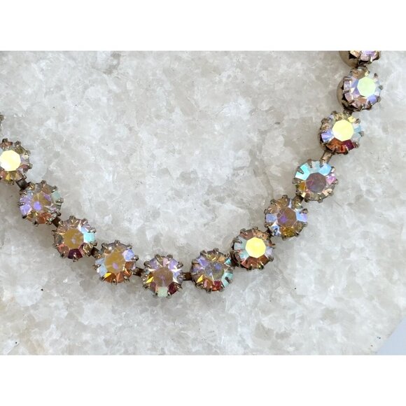 Gold Toned Iridescent Rhinestoned Vintage Costume Jewelry Tennis Bracelet - 7" - Picture 5 of 10